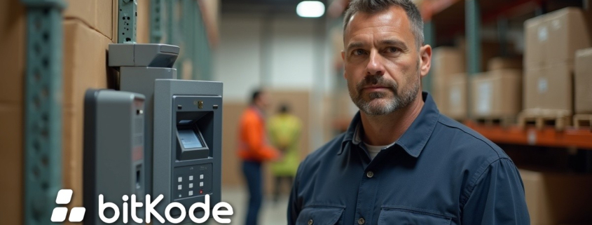 Warehouse supervisor beside the biometric attendance clock, confident the team's hours are captured correctly
